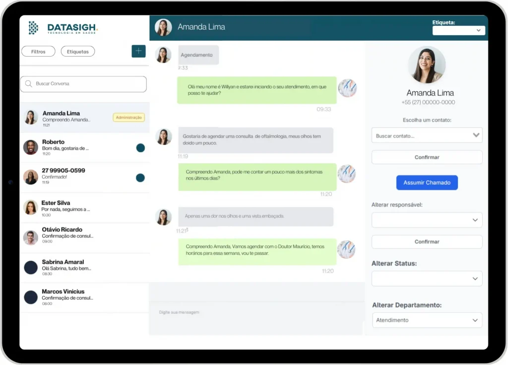 tela do chatbot para whatsapp do sistema datasigh para automação de agendamento de consulta médica