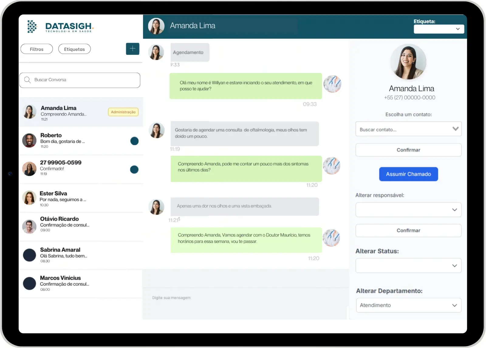tela do chatbot para whatsapp do sistema datasigh para automação de agendamento de consulta médica