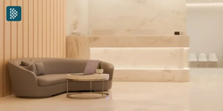 centro médico moderno com recepção elegante usando as cores da moda para clínicas