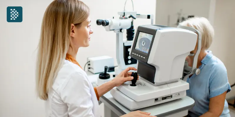 Oftalmologista fazendo exame de vista em paciente durante atendimento em Clínica Oftalmologica