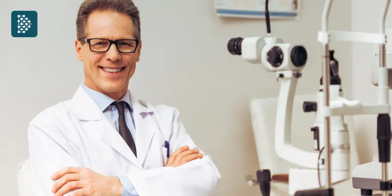 Oftalmologista sentado sorrindo na sala de uma Clínica Oftalmologica