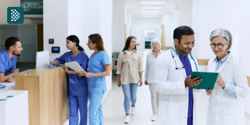 recepção de hospital cheia de pacientes e médicos felizes