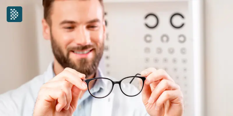 Oftalmologista conferindo óculos de grau para cuidado com os olhos