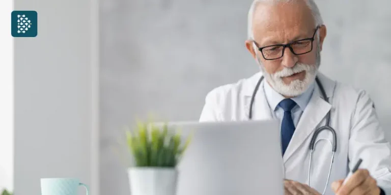 médico no consultório conferindo lista de agendamento online de consultas