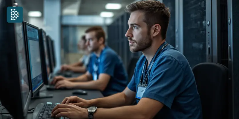 Equipe de TI composta por desenvolvedores, profissionais de UX e CTO utilizando computadores para suporte técnico, desenvolvimento e gestão do sistema ERP Datasigh.