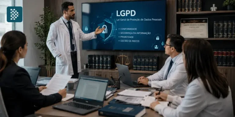 Equipe jurídica e médica em reunião sobre LGPD, segurança de dados e proteção de informações sensíveis em ambiente hospitalar.