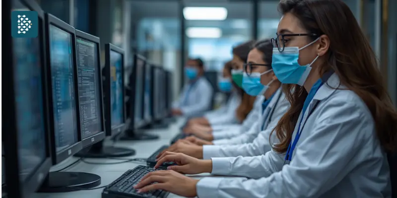 Equipe de atendimento hospitalar utiliza o ERP Datasigh em computadores para gestão de pacientes e processos.