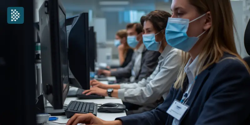 Recepcionistas e profissionais de atendimento hospitalar utilizando o sistema de gestão ERP Datasigh em computadores para cadastro de pacientes, organização de processos e gestão administrativa.