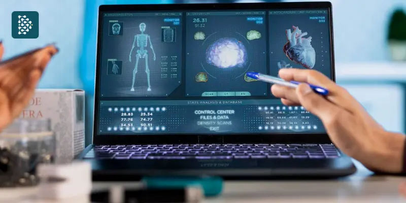 Tela com exames médicos digitais e equipe discutindo dados