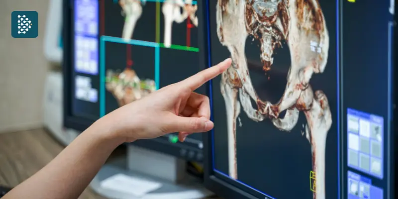 Exame digital 3D da bacia em ressonância magnética visualizado em sistema médico de radiologia com PACS e DICOM integrados ao sistema Datasigh, médico avaliando exame em centro de imagem.