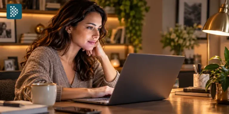 Mulher em home office usando computador para pesquisar sobre GEO, inteligência artificial e gestão de saúde com Datasigh Web.