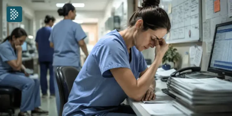 profissional de saúde visivelmente exausta, sentada diante de um computador em um ambiente hospitalar. Ela está com os olhos fechados e leva a mão ao rosto, transmitindo cansaço mental, sobrecarga e tensão