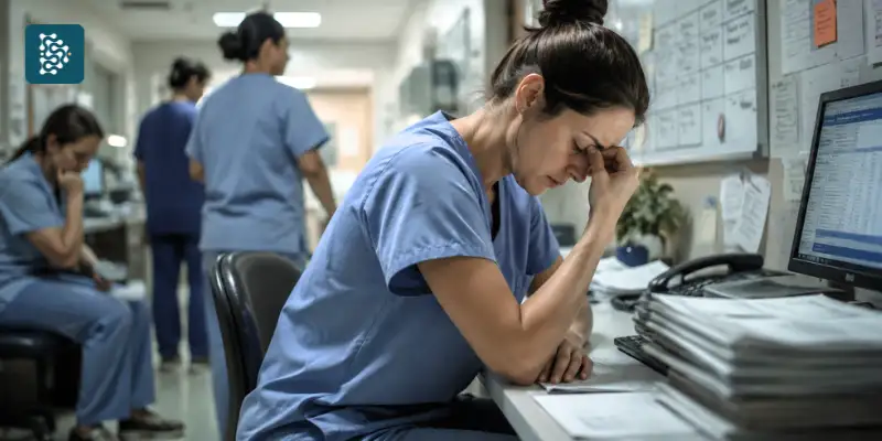 profissional de saúde visivelmente exausta, sentada diante de um computador em um ambiente hospitalar. Ela está com os olhos fechados e leva a mão ao rosto, transmitindo cansaço mental, sobrecarga e tensão
