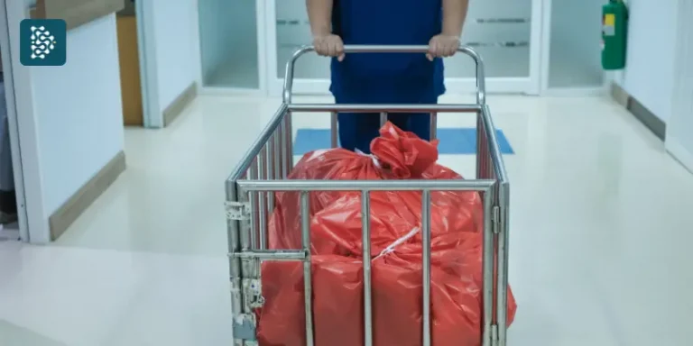 homem do serviço de limpeza recolhendo lixo hospitalar