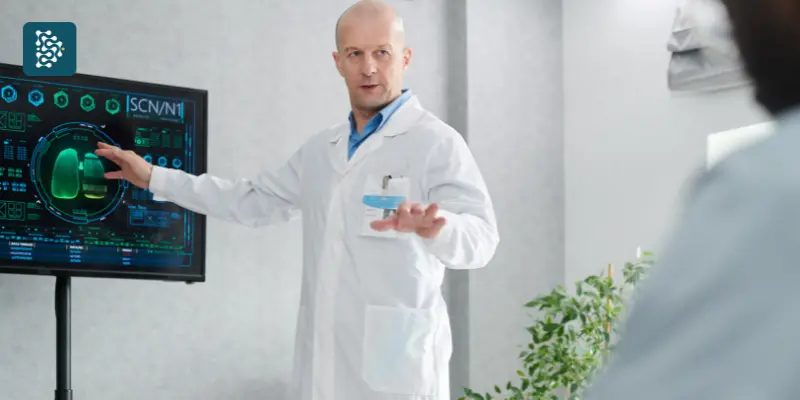 médico usando IA para mostrar resultado de exame a um paciente