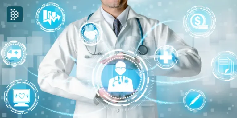 Ilustração de médico analisando gráfico com ícones de situações hospitalares, representando a gestão de hospitais com o sistema Datasigh.