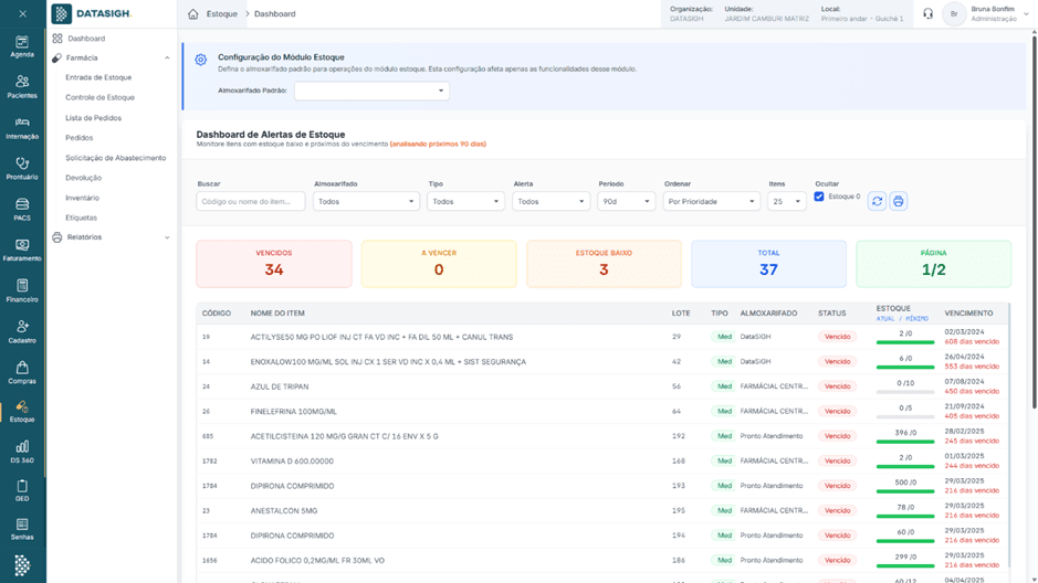 Funcionalidades do controle de estoque da Datasigh
