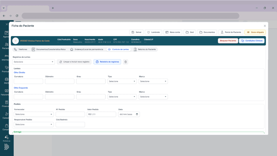 Tela do Prontuário Eletrônico para Oftalmologia Datasigh
