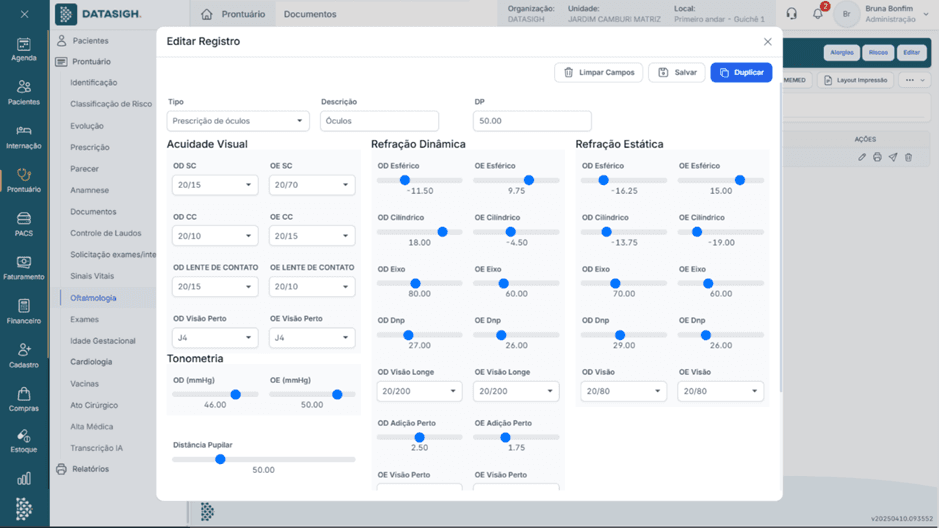 Tela do Prontuário Eletrônico Especializado para Oftalmologia Datasigh