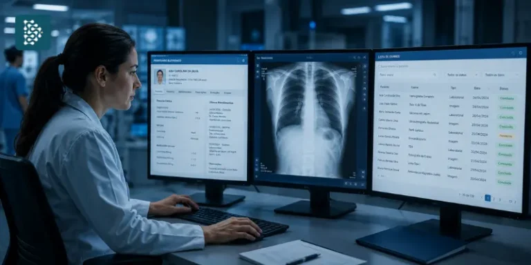 Médica analisando prontuário eletrônico, raio-X de tórax e lista de exames