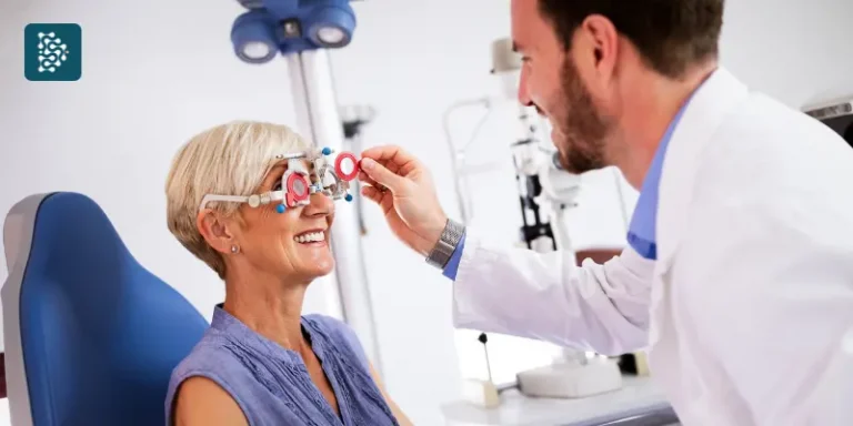 Médico oftalmologista realizando exame de vista em paciente idosa, representando o uso do prontuário eletrônico do sistema Datasigh.