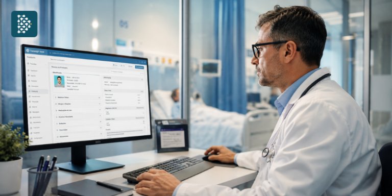 Médico utiliza prontuário eletrônico em computador durante atendimento hospitalar