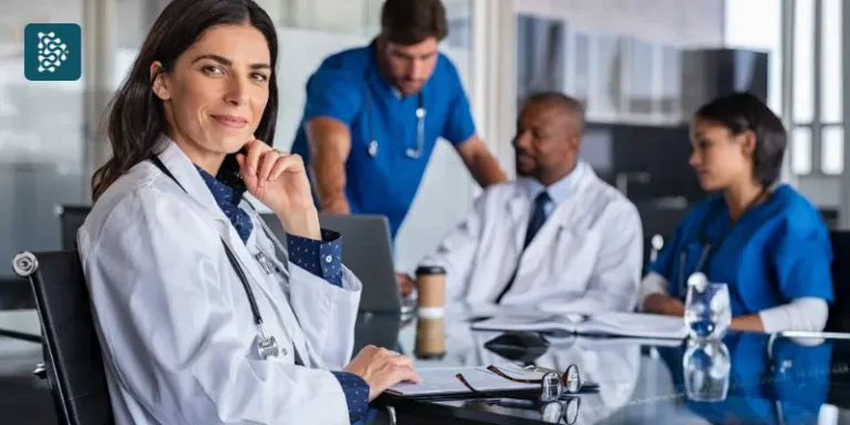 Mulher médica, diretora de hospital, participa de reunião com gestores, representando a gestão em saúde apoiada pelo sistema Datasigh.