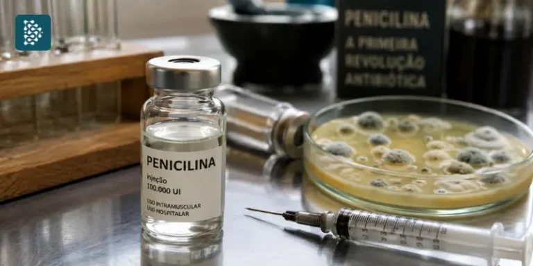 Imagem hiper-realista de um frasco de penicilina sobre uma bancada de laboratório, acompanhado por uma seringa e uma placa de Petri com culturas de microrganismos. Ao fundo, equipamentos laboratoriais desfocados reforçam o contexto científico da descoberta que revolucionou o tratamento de infecções e transformou a medicina.