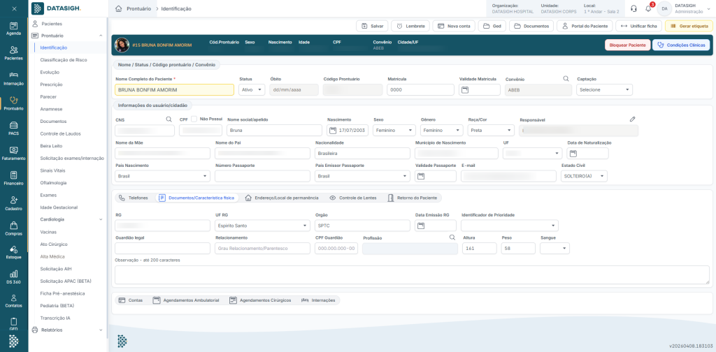 Tela de integração do Datasigh com o prontuário eletrônico do paciente para o novo Estatuto dos Direitos do Paciente