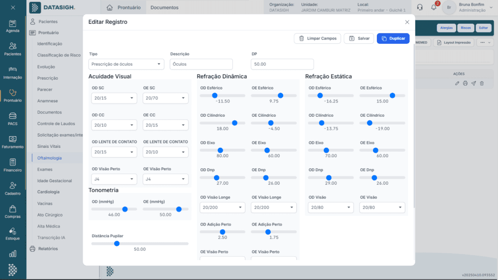 painel do datasigh web mostra um prontuário de clínica oftalmológica de mapeamento de retina