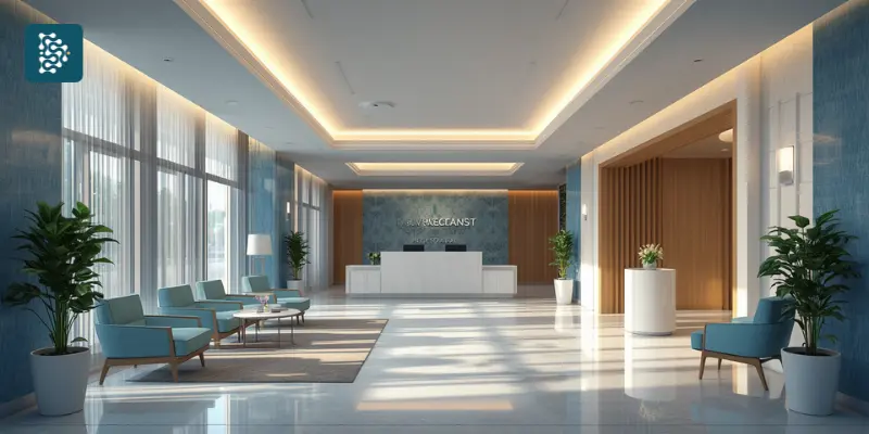 Recepção hospitalar moderna com cores da medicina e ambiente organizado para atendimento eficiente