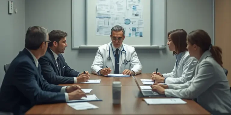 Gestores hospitalares analisando indicadores Datasigh Web e estratégias de gestão em reunião administrativa