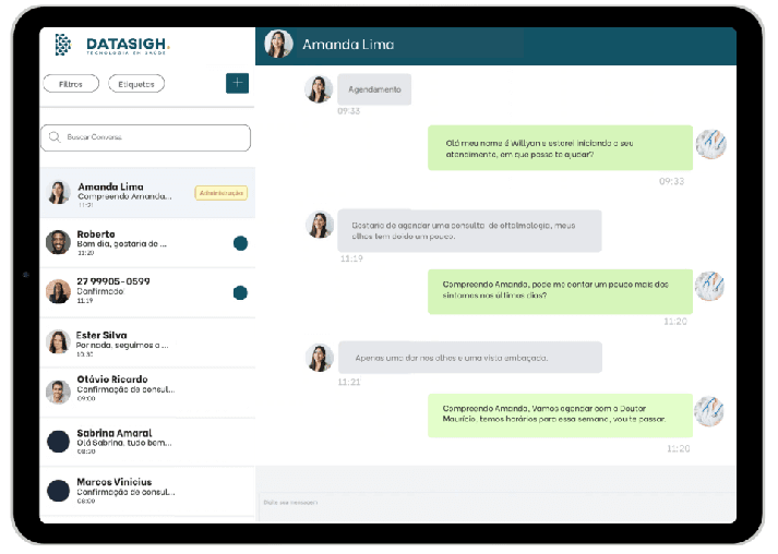 Tela de chatbot Datasigh Web para agendamento e atendimento virtual na saúde