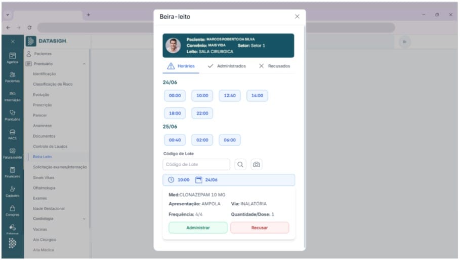 Tela mostrando com funciona o sistema beira leito do ERP hospitalar Datasigh