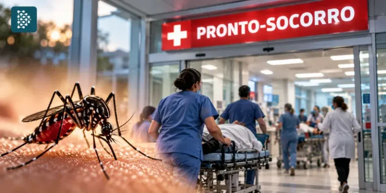 imagem combina o mosquito da dengue com a rotina de um pronto-socorro sob pressão, destacando aumento da demanda, triagem e gestão integrada datasigh