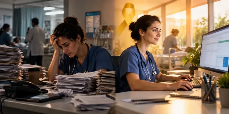 Profissional de saúde em ambiente hospitalar dividido entre sobrecarga de tarefas e rotina organizada, representando o impacto do burnout e a importância da gestão de processos datasigh no Setembro Amarelo