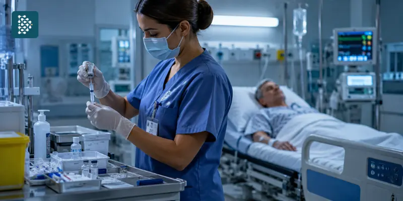 enfermeira preparando medicamentos para dar a um paciente deitado na maca na uti do hospital