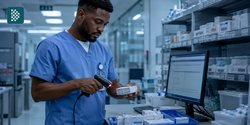fazendo o controle do medicamento na dispensação da farmácia usando leitura de código de barras para registrar e validar etapas