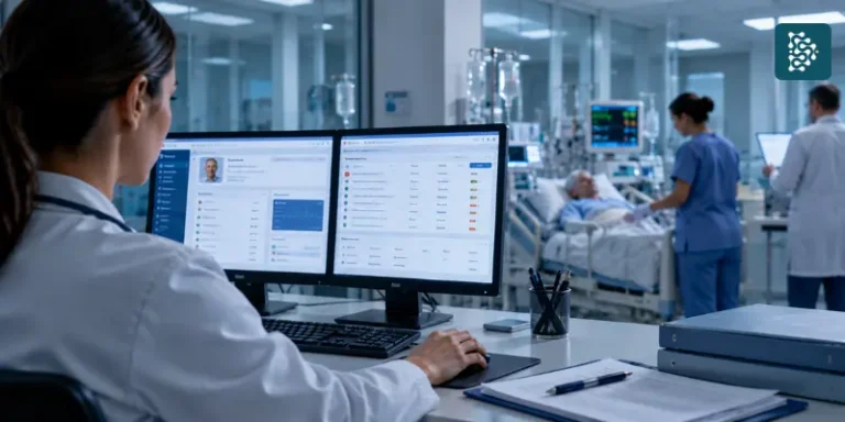 ambiente hospitalar moderno, com estética hiper-realista e predominância de tons frios azulados. Em primeiro plano, uma médica de jaleco branco trabalha diante de dois monitores, enquanto ao fundo aparecem profissionais de saúde acompanhando um paciente internado.