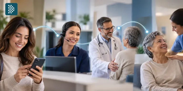 A imagem representa a jornada do paciente, conectando o primeiro contato digital ao atendimento presencial de forma integrada e humana.