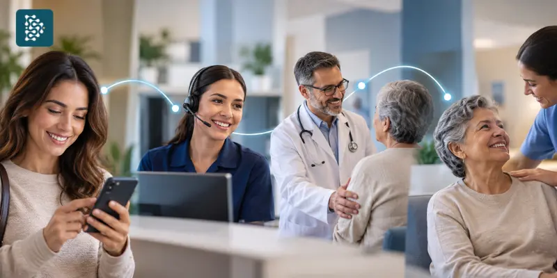 A imagem representa a jornada do paciente, conectando o primeiro contato digital ao atendimento presencial de forma integrada e humana.