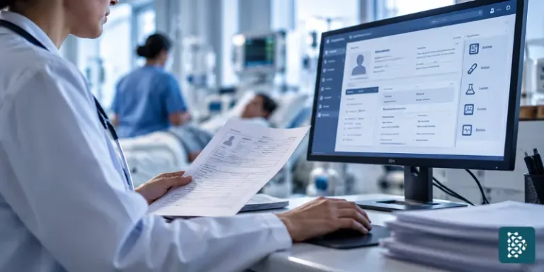 médica analisando prontuário eletrônico do paciente usando o sistema de gestão hospitalar datasigh