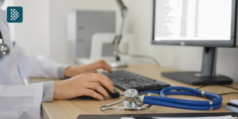 Médica analisando prontuário eletrônico no computador por meio do sistema de gestão hospitalar Datasigh EMR/PEP.