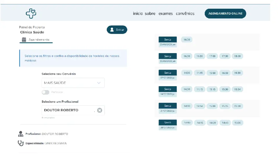 Tela de marcação de consultas  por autoagendamento datasigh