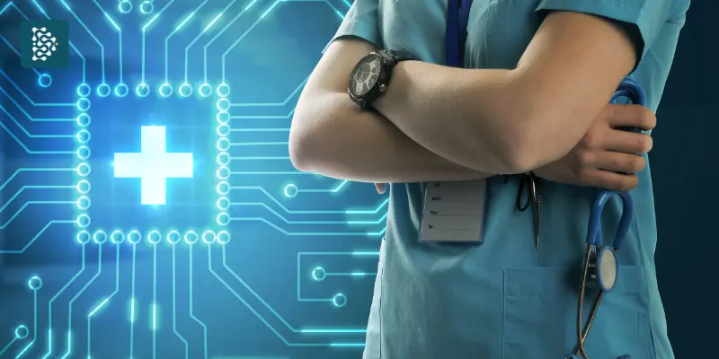 Médico com estetoscópio diante de interface digital destaca avanço tecnológico em startups e healthtechs.