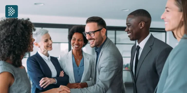 Equipe médica e gestores hospitalares celebrando resultados positivos alcançados com governança hospitalar eficiente e gestão estratégica baseada em dados.