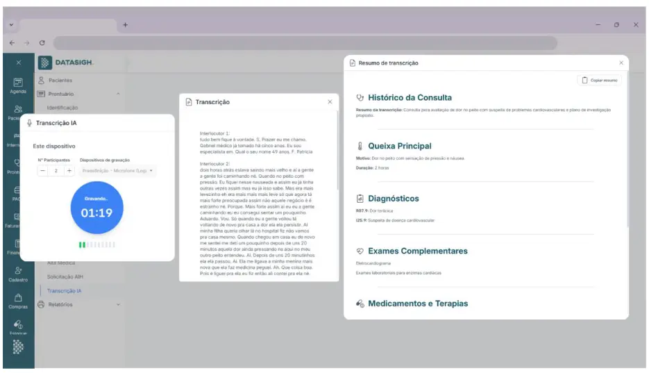 Tela do ERP hospitalar Datasigh mostrando como é a transcrição de consulta médica com IA Generativa